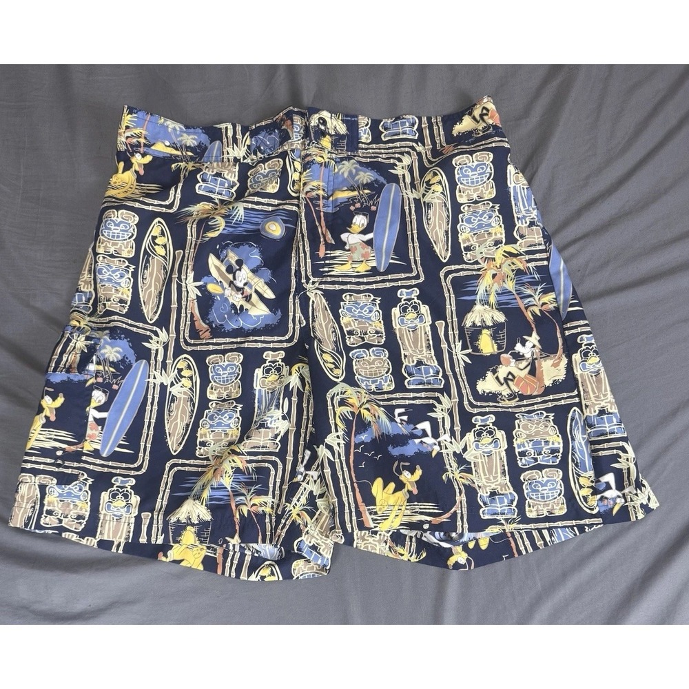 Disney Mickey Donald Goofy Surf Tiki Swim Trunks Men's Large Hawaiian AOP